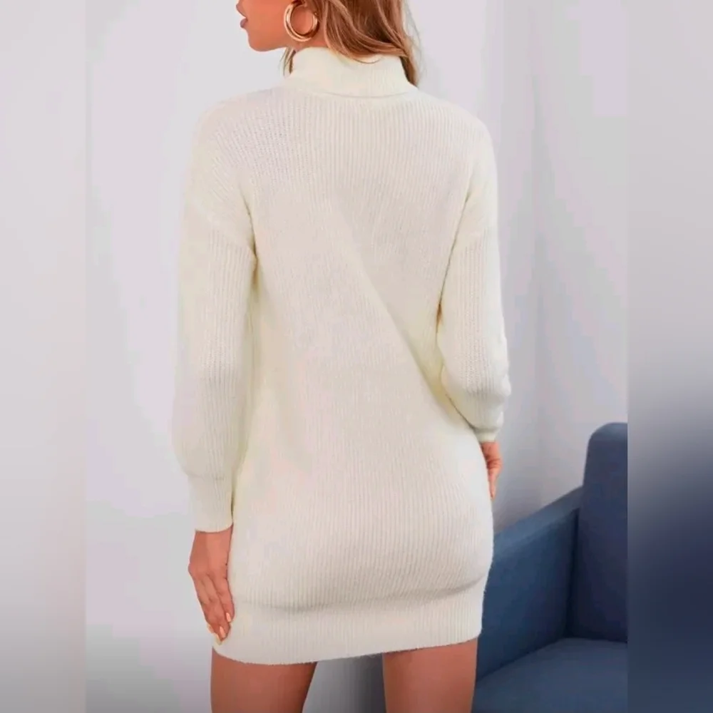 New Casual Ribbed Knit Turtleneck Short Dress Beige Cream